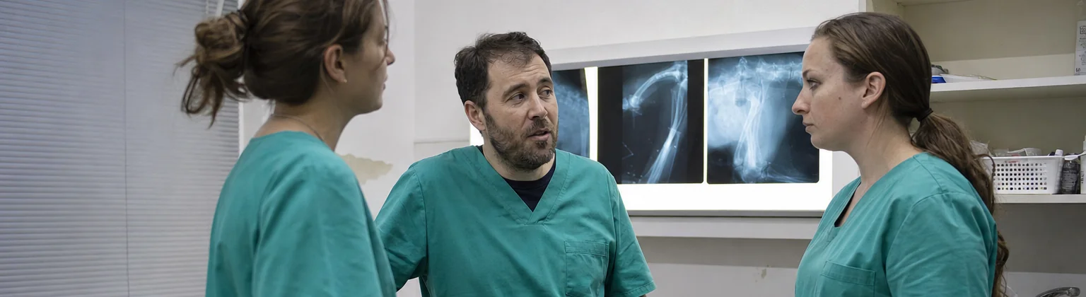 Traja veterinári LapVet sa radia nad röntgenovými snímkami v ordinácii